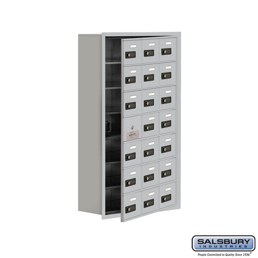 Salsbury Recessed Mounted Cell Phone Storage Locker with 21 A Doors (20 usable) in Aluminum - Resettable Combination Locks - Sweatfully