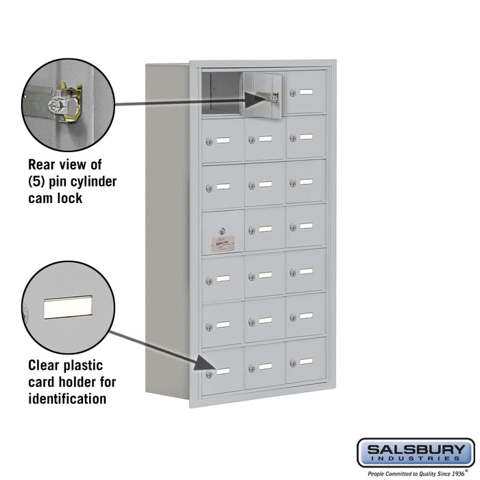 Salsbury Recessed Mounted Cell Phone Storage Locker with 21 A Doors (20 usable) in Aluminum - Keyed Locks - Sweatfully