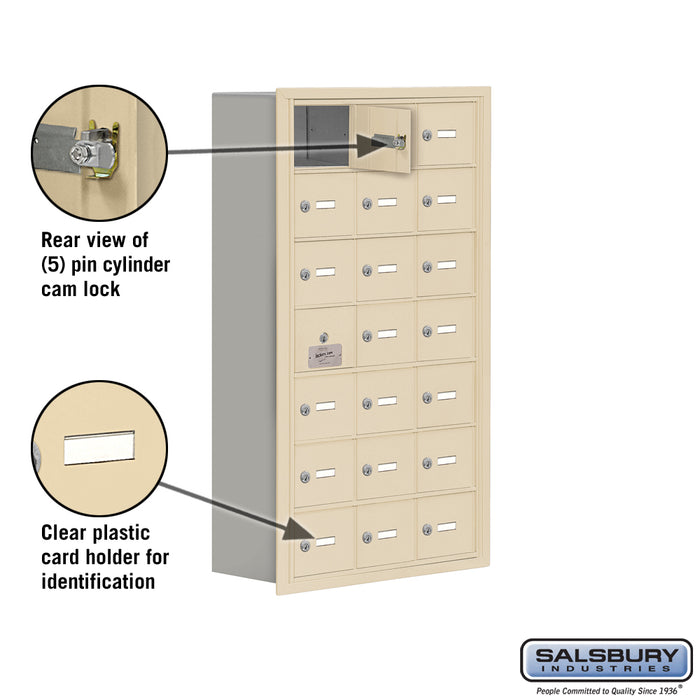 Salsbury Recessed Mounted Cell Phone Storage Locker with 21 A Doors (20 usable) in Sandstone - Keyed Locks - Sweatfully
