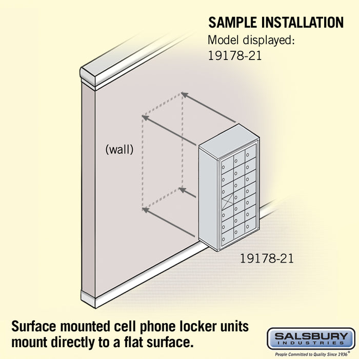 Salsbury Surface Mounted Cell Phone Storage Locker with 21 A Doors (20 usable) in Sandstone - Keyed Locks - Sweatfully