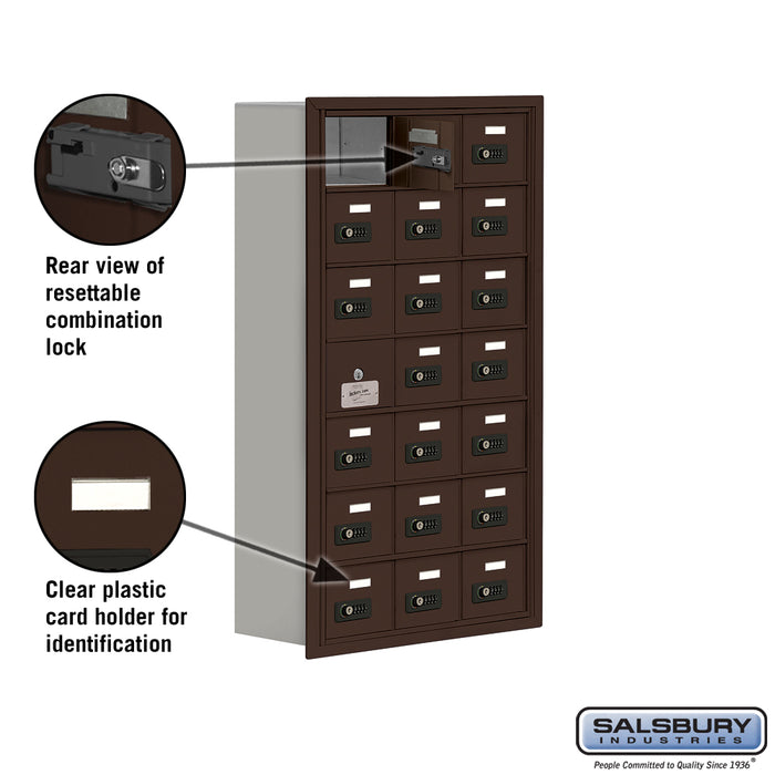 Salsbury Recessed Mounted Cell Phone Storage Locker with 21 A Doors (20 usable) in Bronze - Resettable Combination Locks - Sweatfully