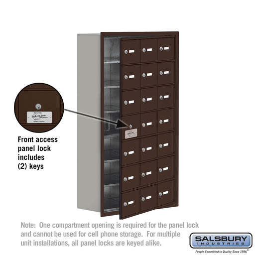 Salsbury Recessed Mounted Cell Phone Storage Locker with 21 A Doors (20 usable) in Bronze - Keyed Locks - Sweatfully