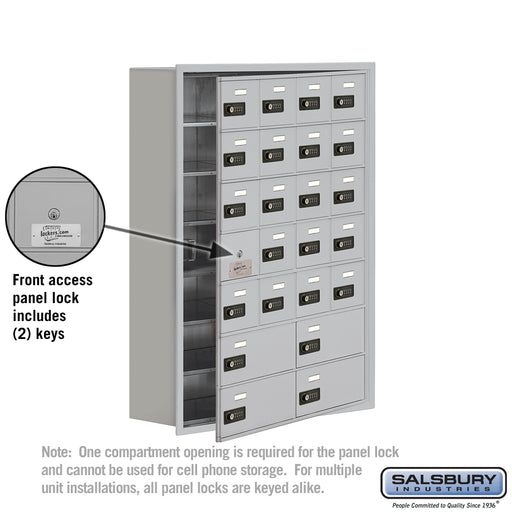 Salsbury Recessed Mounted Cell Phone Storage Locker with 20 A Doors (19 usable) 4 B Doors in Aluminum - Resettable Combination Locks - Sweatfully