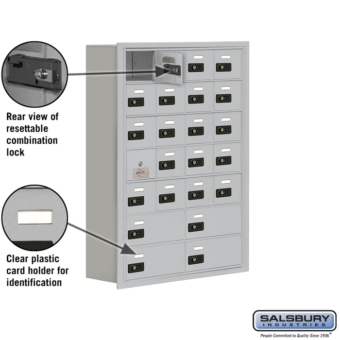 Salsbury Recessed Mounted Cell Phone Storage Locker with 20 A Doors (19 usable) 4 B Doors in Aluminum - Resettable Combination Locks - Sweatfully