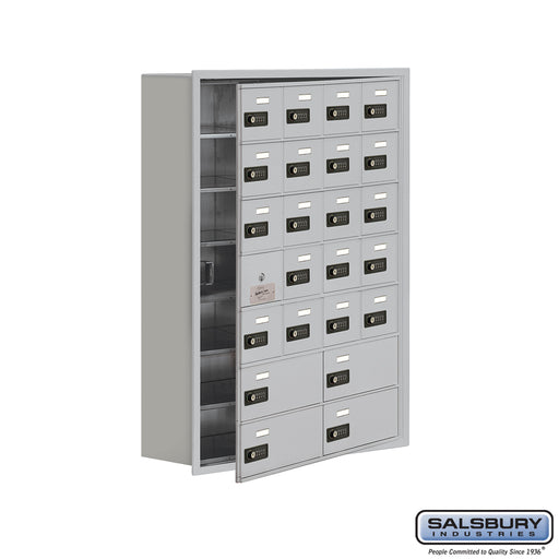 Salsbury Recessed Mounted Cell Phone Storage Locker with 20 A Doors (19 usable) 4 B Doors in Aluminum - Resettable Combination Locks - Sweatfully