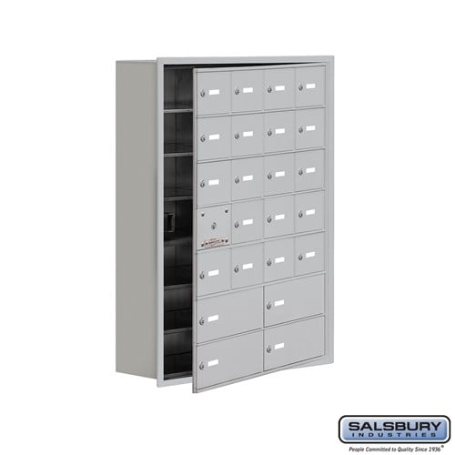 Salsbury Recessed Mounted Cell Phone Locker with 20 A Doors (19 usable) 4 B Doors in Aluminum - Keyed Locks - Sweatfully