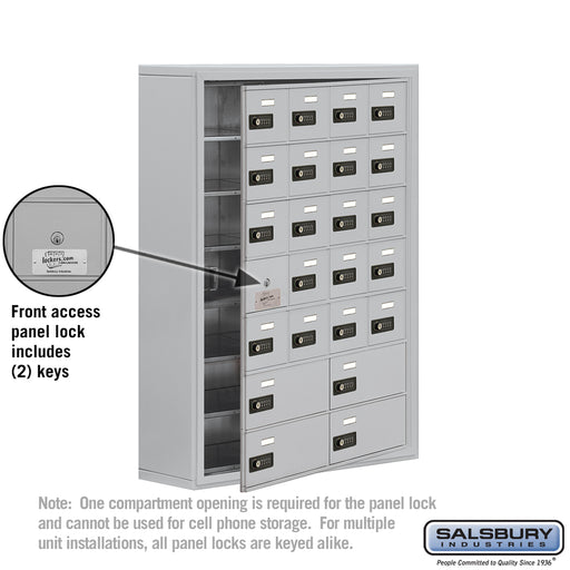 Salsbury Surface Mounted Cell Phone Locker with 20 A Doors (19 usable) 4 B Doors in Aluminum - Resettable Combination Locks - Sweatfully