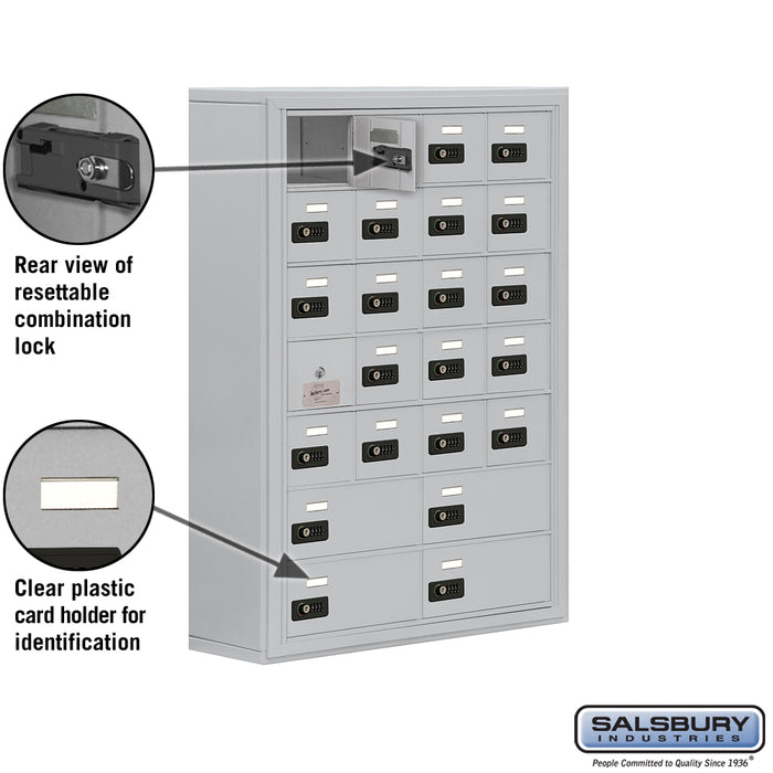Salsbury Surface Mounted Cell Phone Locker with 20 A Doors (19 usable) 4 B Doors in Aluminum - Resettable Combination Locks - Sweatfully