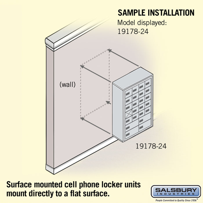 Salsbury Surface Mounted Cell Phone Locker with 20 A Doors (19 usable) 4 B Doors in Aluminum - Resettable Combination Locks - Sweatfully