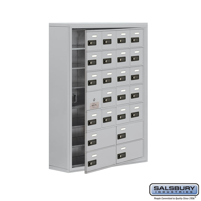 Salsbury Surface Mounted Cell Phone Locker with 20 A Doors (19 usable) 4 B Doors in Aluminum - Resettable Combination Locks - Sweatfully