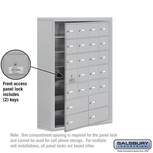Salsbury Surface Mounted Cell Phone Locker with 20 A Doors (19 usable) 4 B Doors in Aluminum - Keyed Locks - Sweatfully