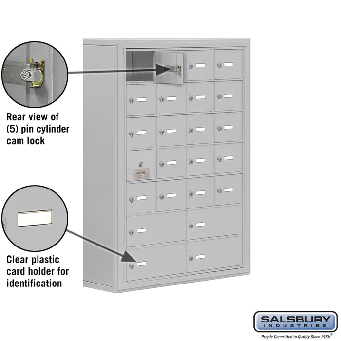 Salsbury Surface Mounted Cell Phone Locker with 20 A Doors (19 usable) 4 B Doors in Aluminum - Keyed Locks - Sweatfully