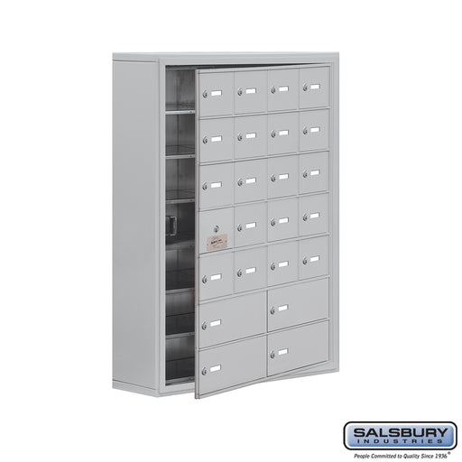 Salsbury Surface Mounted Cell Phone Locker with 20 A Doors (19 usable) 4 B Doors in Aluminum - Keyed Locks - Sweatfully