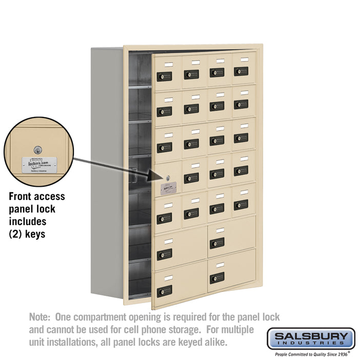 Salsbury Recessed Mounted Cell Phone Storage Locker with 20 A Doors (19 usable) 4 B Doors in Sandstone - Resettable Combination Locks - Sweatfully