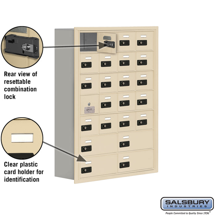 Salsbury Recessed Mounted Cell Phone Storage Locker with 20 A Doors (19 usable) 4 B Doors in Sandstone - Resettable Combination Locks - Sweatfully