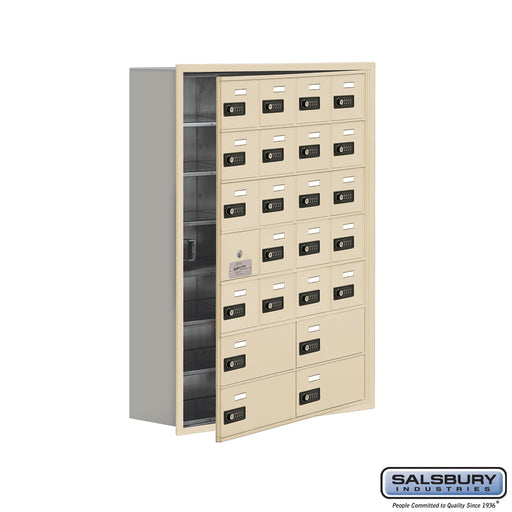 Salsbury Recessed Mounted Cell Phone Storage Locker with 20 A Doors (19 usable) 4 B Doors in Sandstone - Resettable Combination Locks - Sweatfully