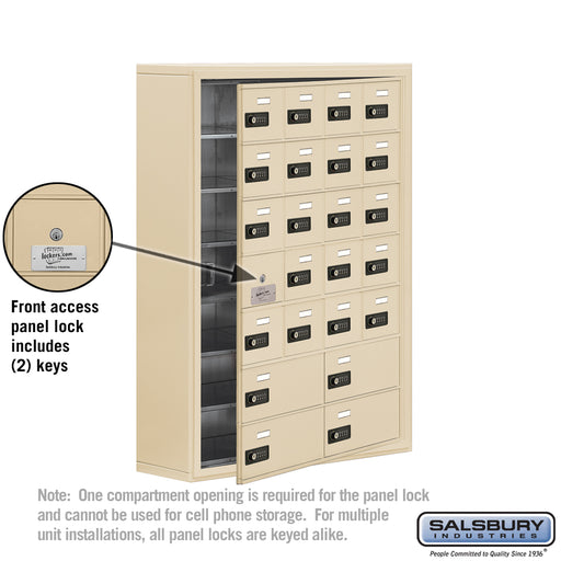 Salsbury Surface Mounted Cell Phone Locker with 20 A Doors (19 usable) 4 B Doors in Sandstone - Resettable Combination Locks - Sweatfully