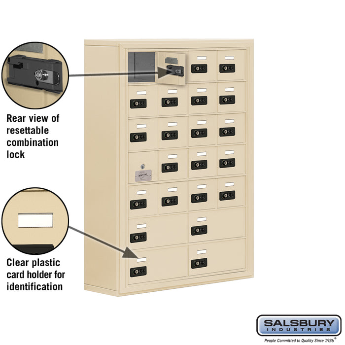 Salsbury Surface Mounted Cell Phone Locker with 20 A Doors (19 usable) 4 B Doors in Sandstone - Resettable Combination Locks - Sweatfully