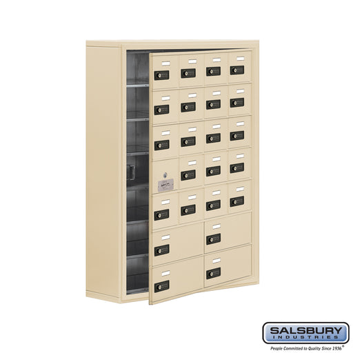 Salsbury Surface Mounted Cell Phone Locker with 20 A Doors (19 usable) 4 B Doors in Sandstone - Resettable Combination Locks - Sweatfully