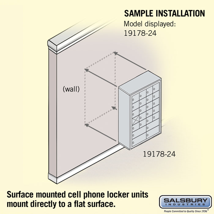 Salsbury Surface Mounted Cell Phone Locker with 20 A Doors (19 usable) 4 B Doors in Sandstone - Keyed Locks - Sweatfully
