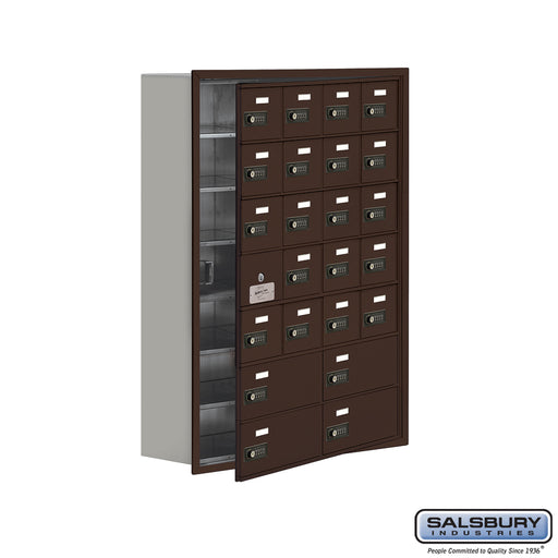 Salsbury Recessed Mounted Cell Phone Storage Locker with 20 A Doors (19 usable) 4 B Doors in Bronze - Resettable Combination Locks - Sweatfully