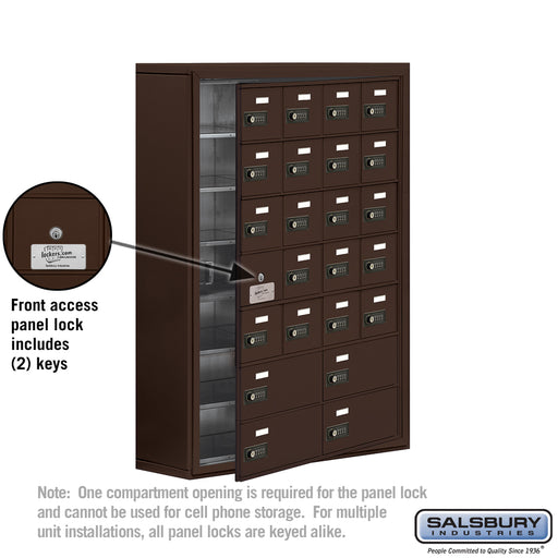 Salsbury Surface Mounted Cell Phone Locker with 20 A Doors (19 usable) 4 B Doors in Bronze - Resettable Combination Locks - Sweatfully