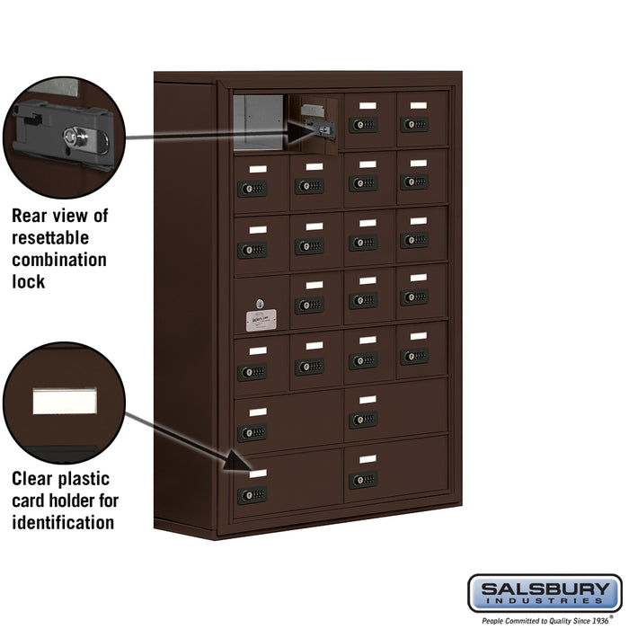 Salsbury Surface Mounted Cell Phone Locker with 20 A Doors (19 usable) 4 B Doors in Bronze - Resettable Combination Locks - Sweatfully