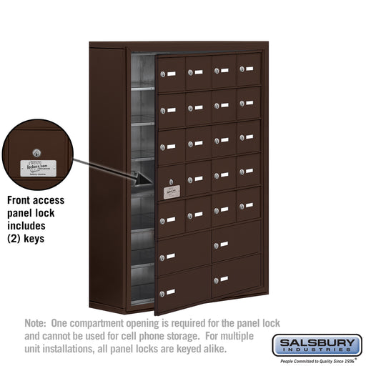 Salsbury Surface Mounted Cell Phone Locker with 20 A Doors (19 usable) 4 B Doors in Bronze - Keyed Locks - Sweatfully
