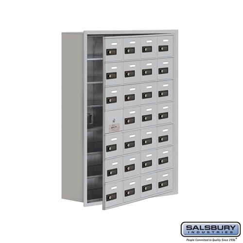 Cell Phone Storage Locker - 7 Door High Unit (8 Inch Deep Compartments) - 28 A Doors (27 usable) - Aluminum - Recessed Mounted - Resettable Combination Locks - Sweatfully