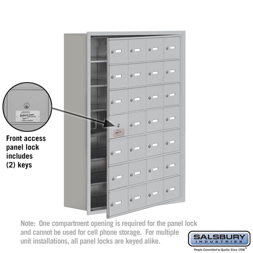 Salsbury Recessed Mounted Cell Phone Storage Locker with 28 A Doors (27 usable) in Aluminum - Keyed Locks - Sweatfully