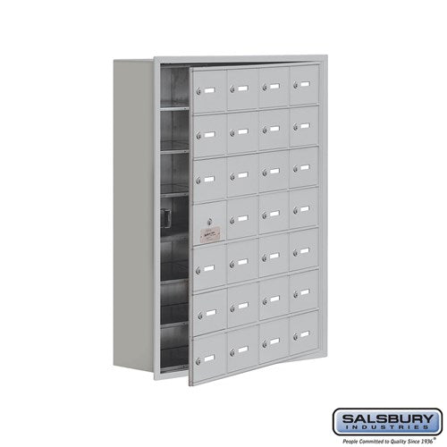 Cell Phone Storage Locker - 7 Door High Unit (8 Inch Deep Compartments) - 28 A Doors (27 usable) - Aluminum - Recessed Mounted - Master Keyed Locks - Sweatfully