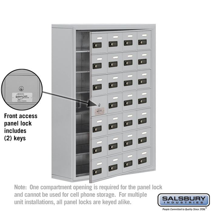 Salsbury Surface Mounted Cell Phone Storage Locker with 28 A Doors (27 usable) in Aluminum - Resettable Combination Locks - Sweatfully