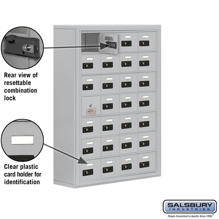 Salsbury Surface Mounted Cell Phone Storage Locker with 28 A Doors (27 usable) in Aluminum - Resettable Combination Locks - Sweatfully