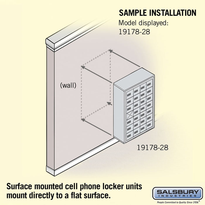 Salsbury Surface Mounted Cell Phone Storage Locker with 28 A Doors (27 usable) in Aluminum - Resettable Combination Locks - Sweatfully