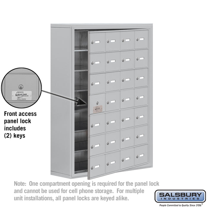 Salsbury Surface Mounted Cell Phone Storage Locker with 28 A Doors (27 usable) in Aluminum - Keyed Locks - Sweatfully