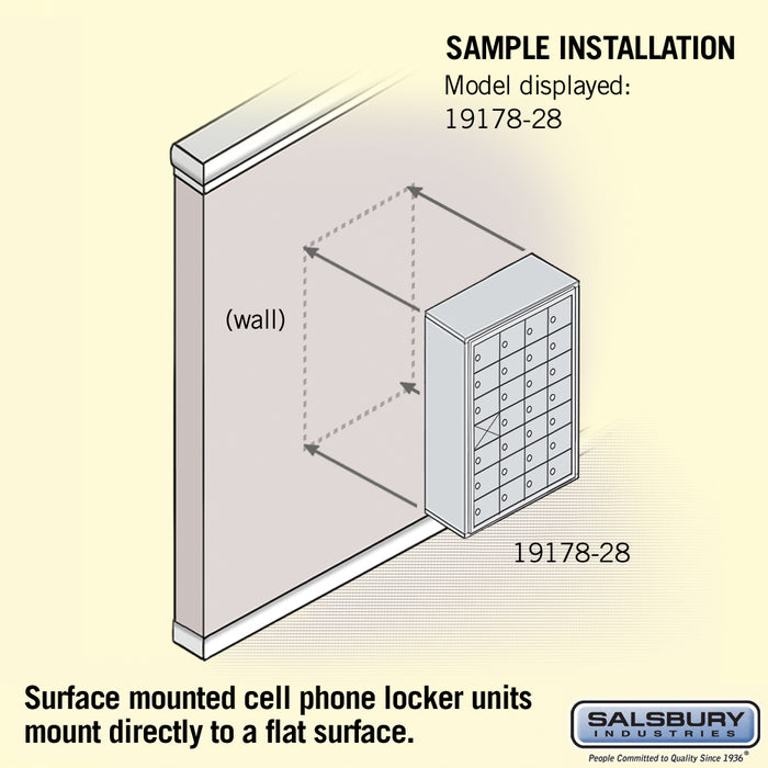 Salsbury Surface Mounted Cell Phone Storage Locker with 28 A Doors (27 usable) in Aluminum - Keyed Locks - Sweatfully