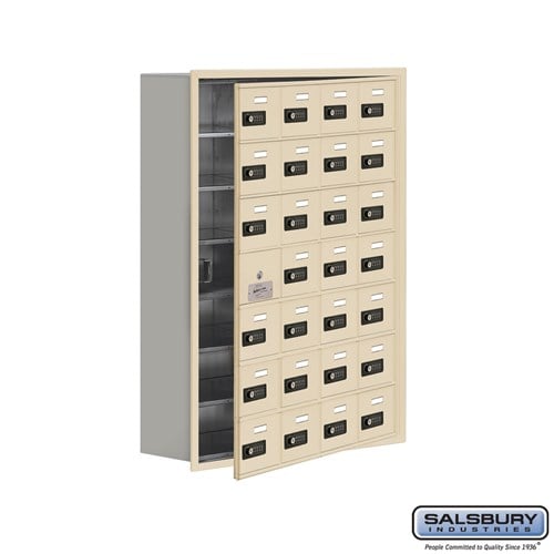 Salsbury Recessed Mounted Cell Phone Locker with 28 A Doors (27 usable) in Sandstone - Resettable Combination Locks - Sweatfully