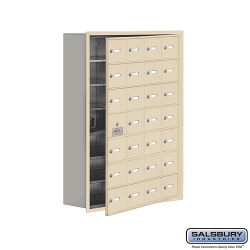 Salsbury Recessed Mounted Cell Phone Locker with 28 A Doors (27 usable) in Sandstone - Sweatfully