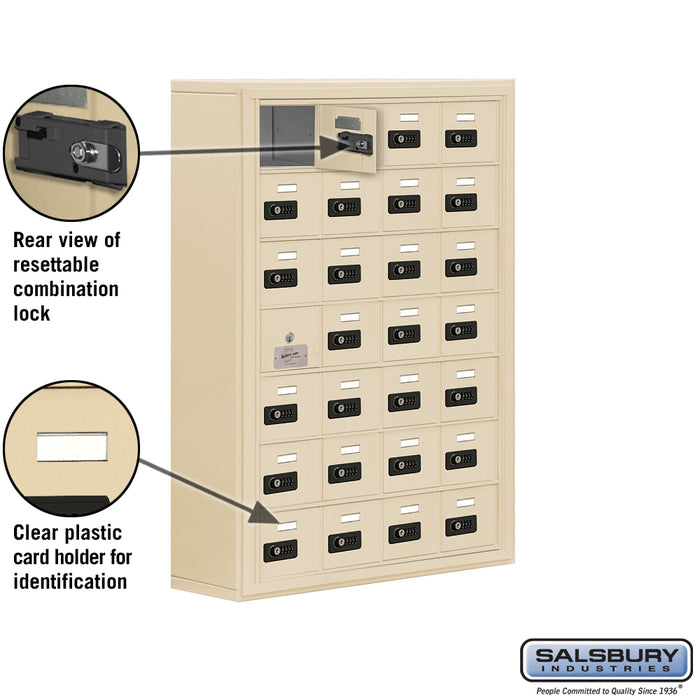 Salsbury Surface Mounted Cell Phone Storage Locker with 28 A Doors (27 usable) in Sandstone - Resettable Combination Locks - Sweatfully