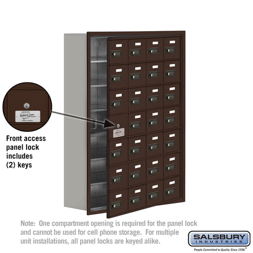 Salsbury Recessed Mounted Cell Phone Storage Locker with 28 A Doors (27 usable) in Bronze - Resettable Combination Locks - Sweatfully