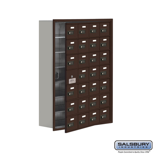 Salsbury Recessed Mounted Cell Phone Storage Locker with 28 A Doors (27 usable) in Bronze - Resettable Combination Locks - Sweatfully