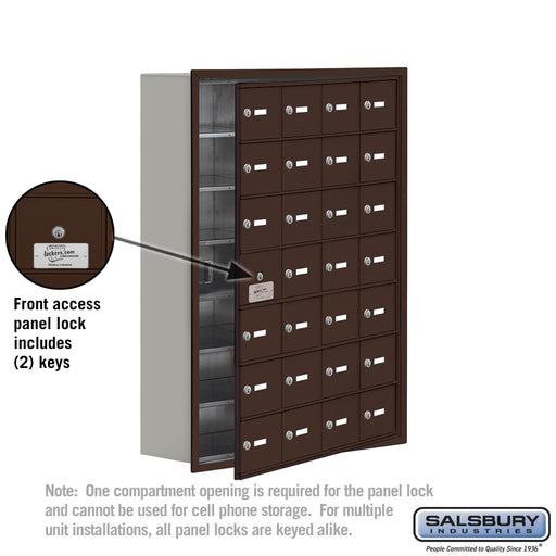 Salsbury Recessed Mounted Cell Phone Storage Locker with 28 A Doors (27 usable) in Bronze - Keyed Locks - Sweatfully
