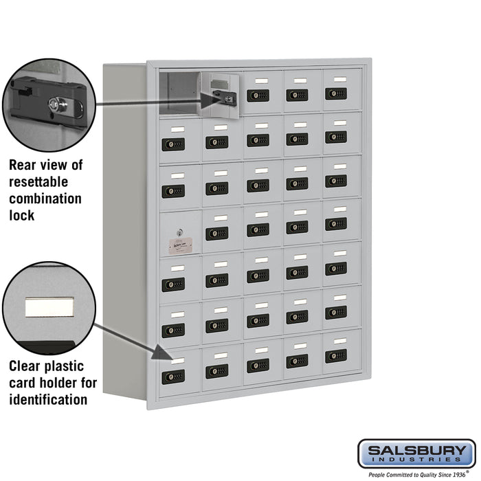 Salsbury Recessed Mounted Cell Phone Storage Locker with 35 A Doors (34 usable) in Aluminum - Resettable Combination Locks - Sweatfully