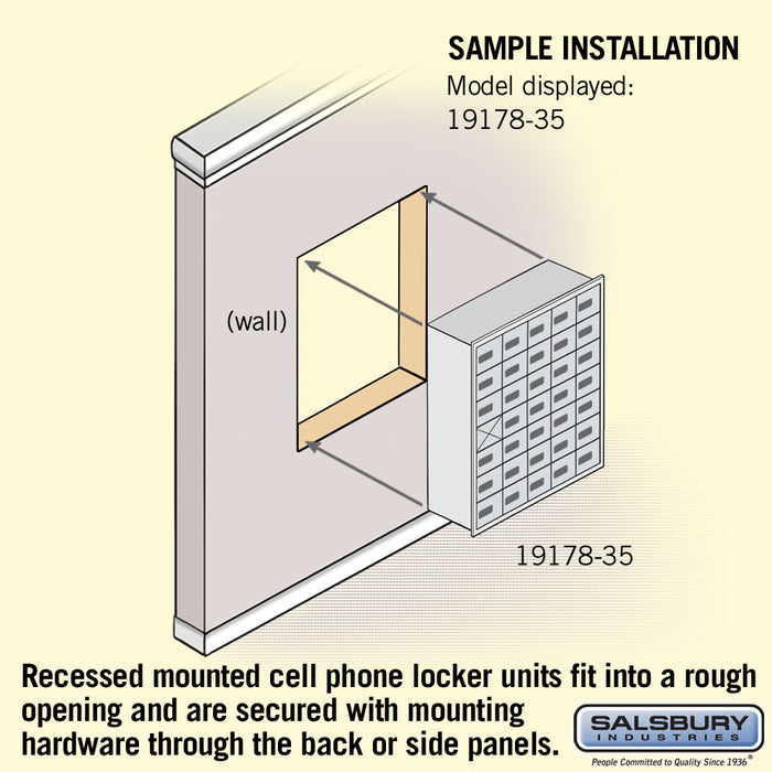 Salsbury Recessed Mounted Cell Phone Storage Locker with 35 A Doors (34 usable) in Aluminum - Resettable Combination Locks - Sweatfully