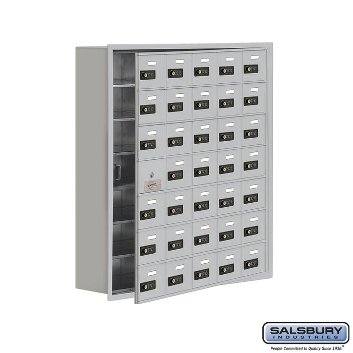 Salsbury Recessed Mounted Cell Phone Storage Locker with 35 A Doors (34 usable) in Aluminum - Resettable Combination Locks - Sweatfully