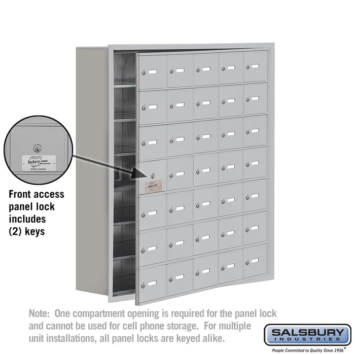 Salsbury Recessed Mounted Cell Phone Storage Locker with 35 A Doors (34 usable) in Aluminum - Keyed Locks - Sweatfully
