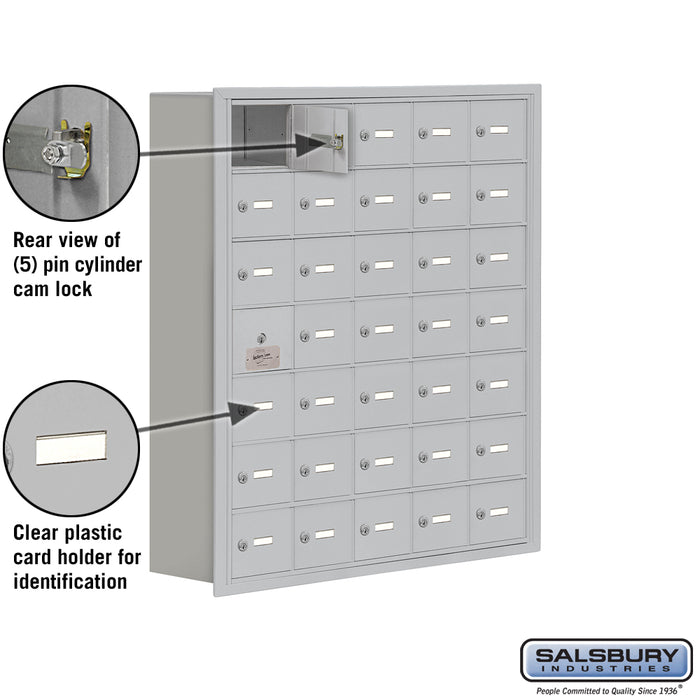 Salsbury Recessed Mounted Cell Phone Storage Locker with 35 A Doors (34 usable) in Aluminum - Keyed Locks - Sweatfully