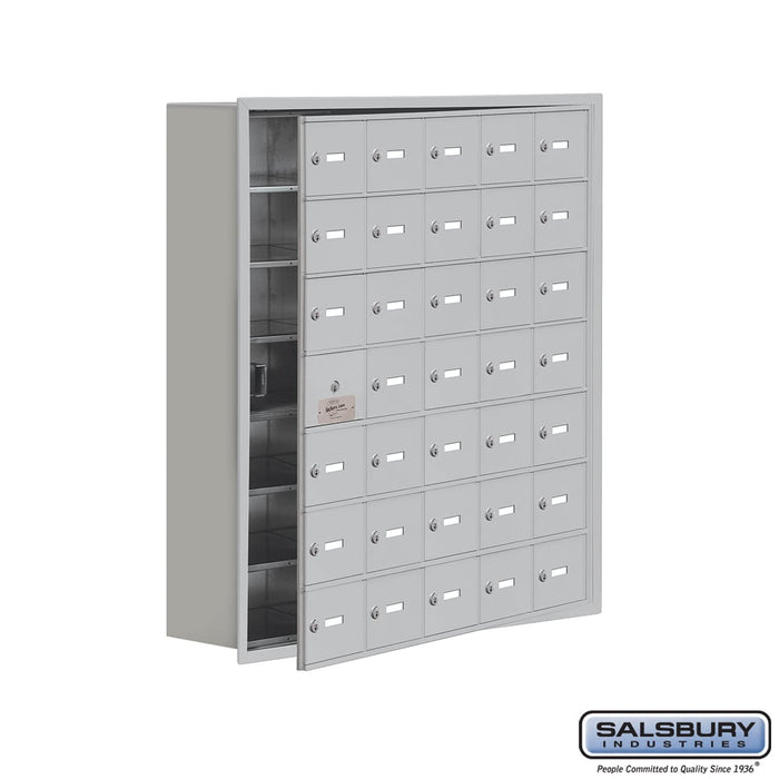 Salsbury Recessed Mounted Cell Phone Storage Locker with 35 A Doors (34 usable) in Aluminum - Keyed Locks - Sweatfully