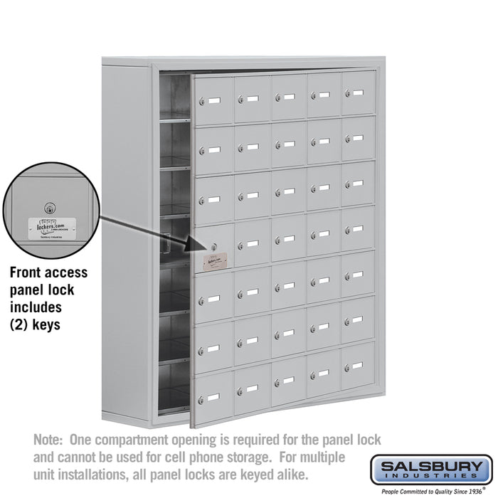 Salsbury Surface Mounted Cell Phone Storage Locker with 35 A Doors (34 usable) in Aluminum - Keyed Locks - Sweatfully