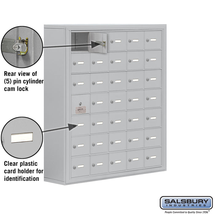Salsbury Surface Mounted Cell Phone Storage Locker with 35 A Doors (34 usable) in Aluminum - Keyed Locks - Sweatfully